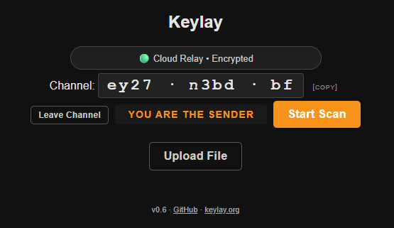 Keylay sender interface showing encrypted relay session and coordination controls
